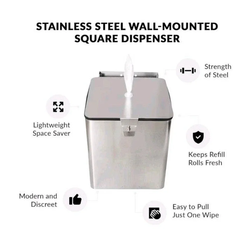 Stainless Steel Wall Mount Wipe Dispenser fit White Refill Rolls- Commercial